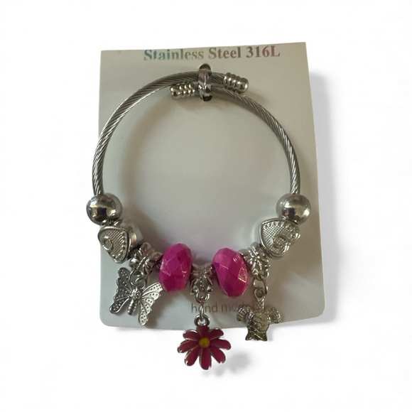 Stainless Steel Charm Bracelet with Silver and pink Accents flower,turtle, - Picture 1 of 2